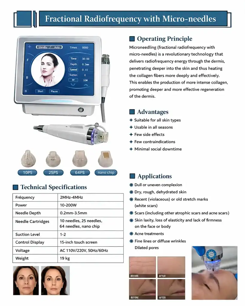 Microneedling brochure with technical specifications, benefits and applications
