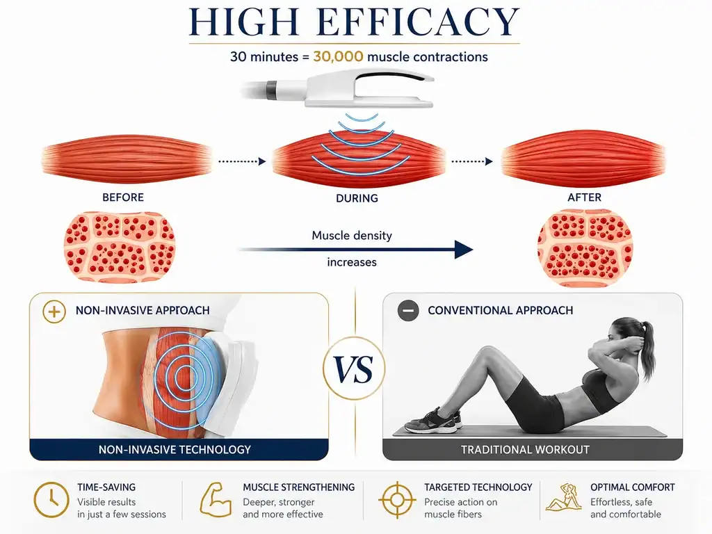 Diagram showing high-intensity electromagnetic muscle stimulation increasing muscle density without exercise