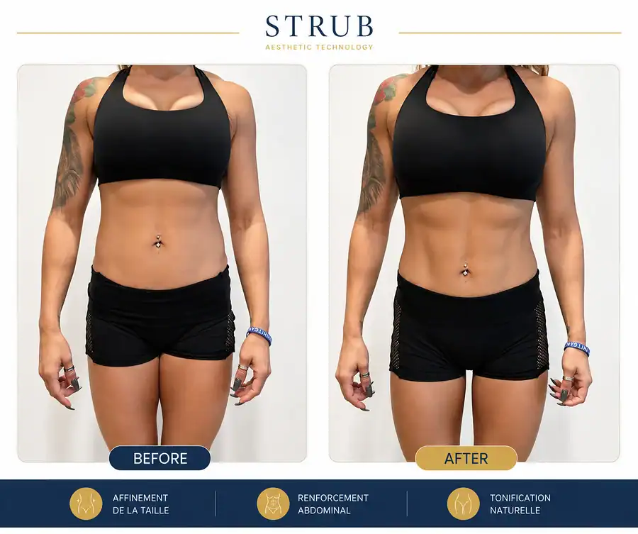 Before and after body contouring with a slimmer waist and enhanced abdominal definition