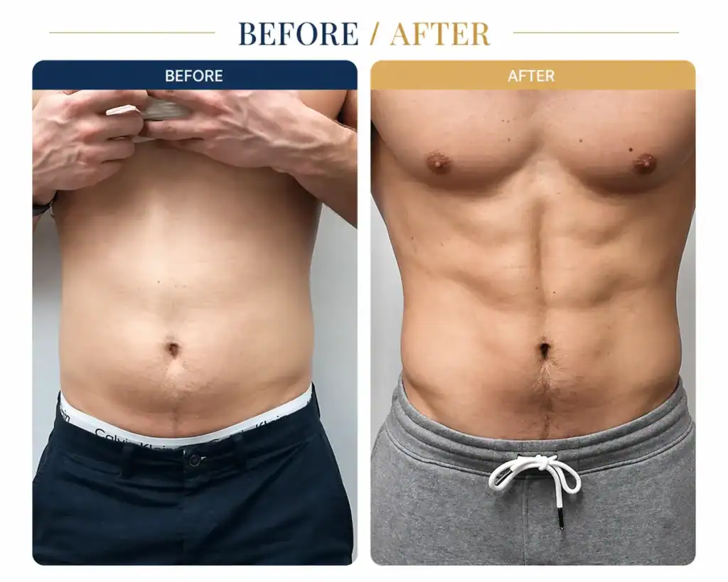 Before and after male abdominal body contouring with enhanced abdominal definition and reduced localized fat