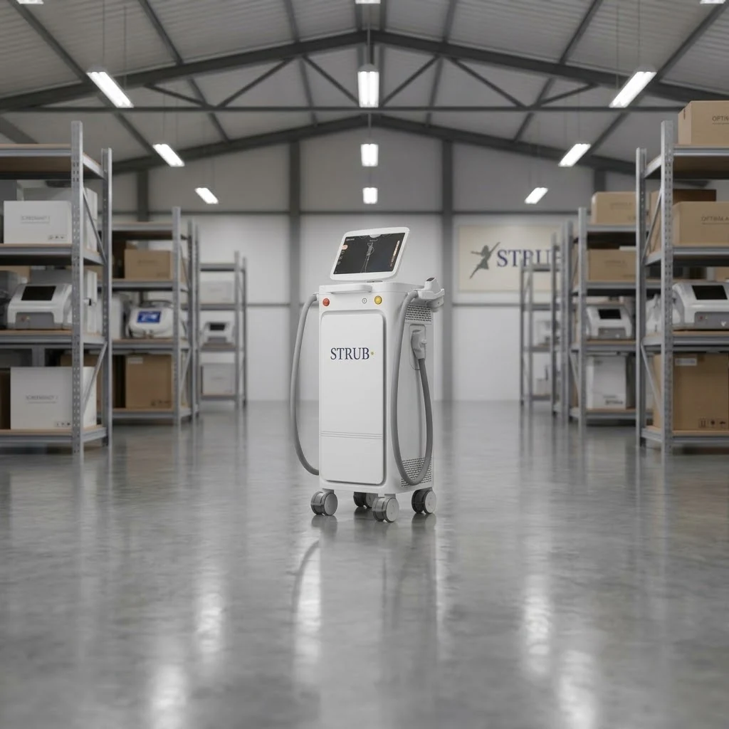 Appareil d'épilation laser STRUB avec logo officiel, présenté dans un entrepôt moderne