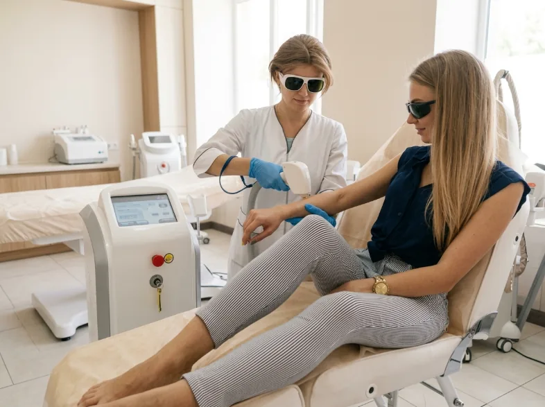 Praticienne réalisant une épilation laser sur le bras d'une cliente en cabine d'esthétique