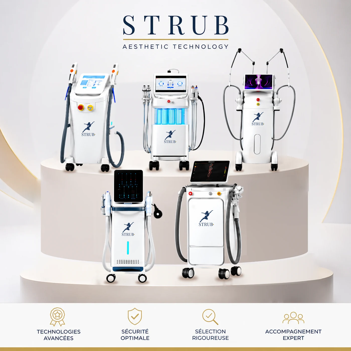 Gamme STRUB de cinq technologies esthétiques et médico-esthétiques professionnelles : lumière pulsée, soin du visage, remodelage corporel, électrostimulation et laser.