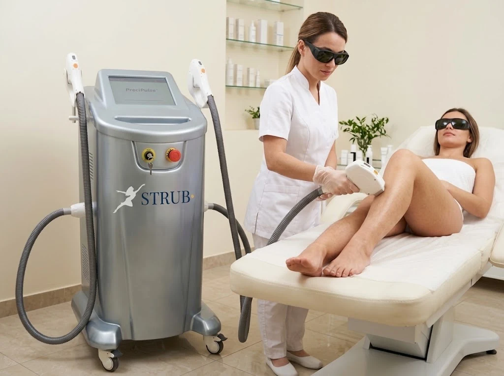 Praticienne réalisant une épilation laser sur la jambe d'une cliente dans une cabine au design épuré avec l'appareil PreciPulse STRUB