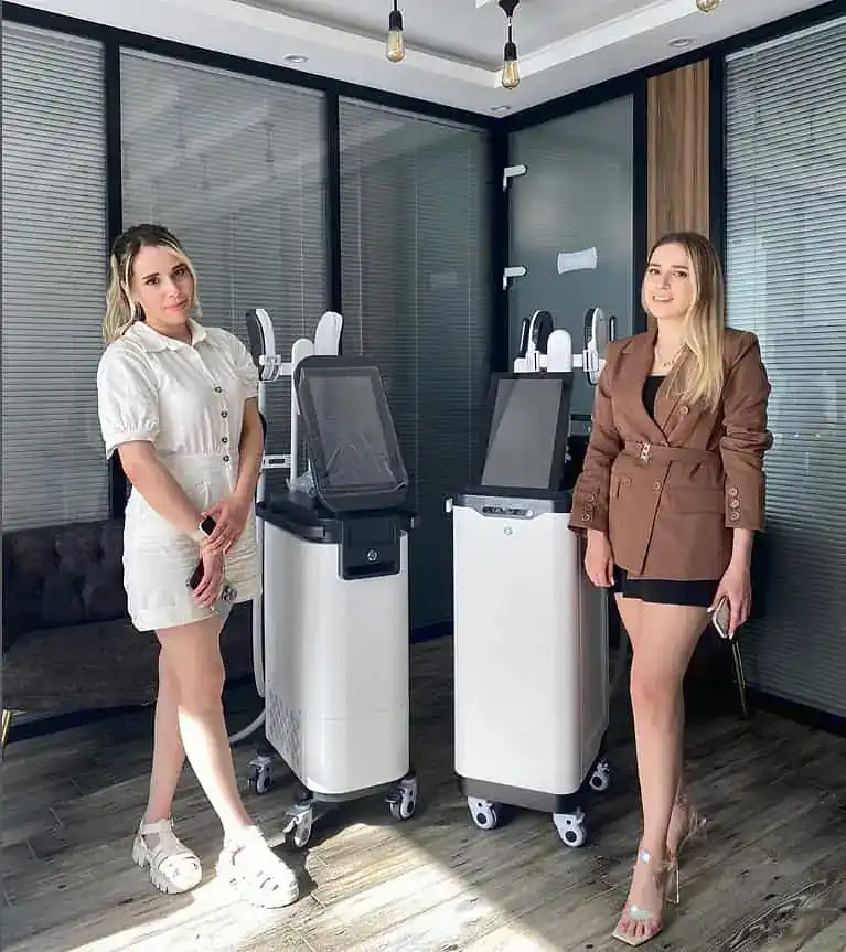 Two body contouring devices using electromagnetic muscle stimulation in an aesthetic centre