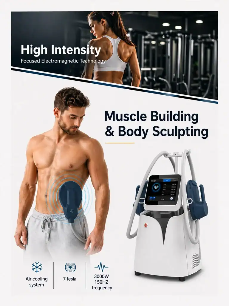 HIEMT+RF device for muscle building and body contouring using high-intensity electromagnetic technology