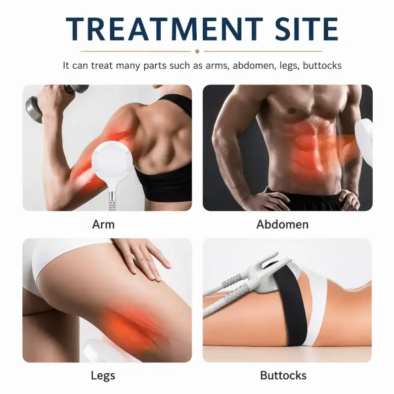Illustration of body radiofrequency treatment areas: arms, abdomen, legs, and buttocks