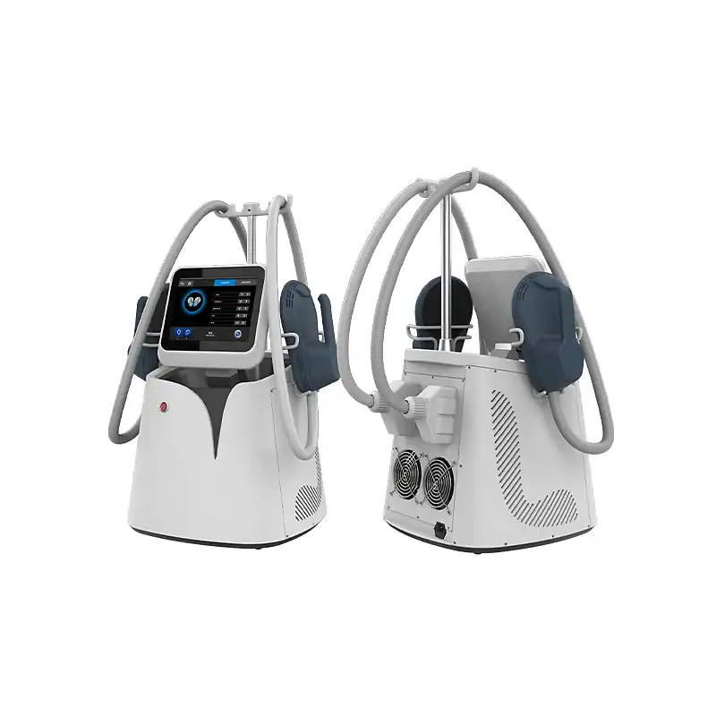 HIEMT machine shown from the front and back for muscle strengthening and slimming