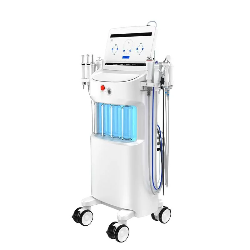 Appareil Hydrabeauty 10-en-1 en vue trois quarts, avec ses pièces à main et ses flacons de solution