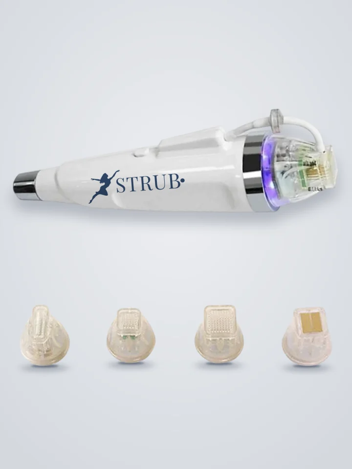 Appareil de microneedling radiofréquence STRUB : pièce à main avec logo et quatre têtes interchangeables